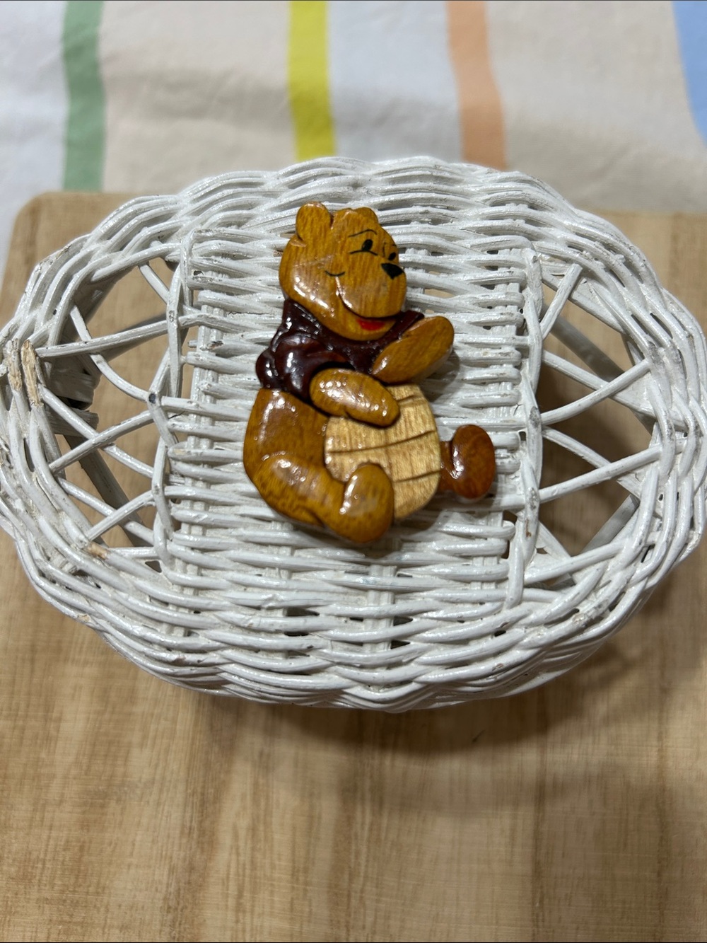 Vintage Miniature Double-Sided Intarsia Winnie the Pooh Figurine Ornament?